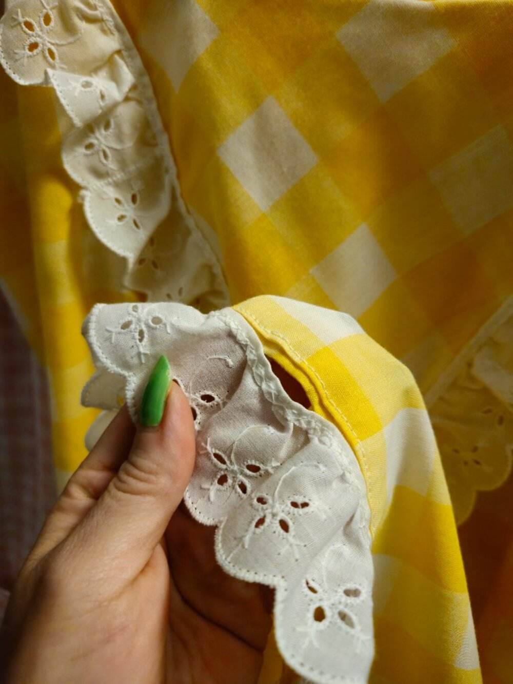 60s/70s Yellow Gingham Ruffled Trim Maxi Dress - Picture 15 of 15